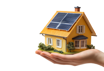 Hand holding miniature house model with solar panel on roof