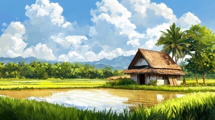 Tranquil Rural Hut Beside Rice Paddies Under Blue Skies