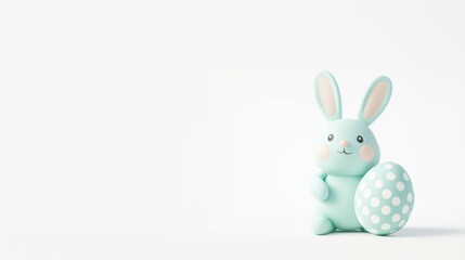 Obraz premium Cute Mint Green Easter Bunny with Polka Dot Egg on White Background