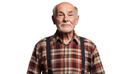 An Elderly Man in a Plaid Shirt and Suspenders, Perfect for Illustrating Timeless Wisdom and Nostalgia in Various Design Projects.