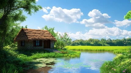 Obraz premium Stone Cottage By Peaceful River And Rice Field