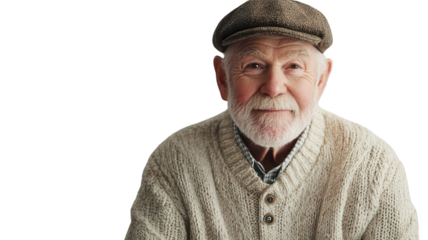 An old man dressed in a cozy wool cardigan and flat cap, perfect for illustrating themes of wisdom, comfort, and timeless fashion in lifestyle or fashion articles..