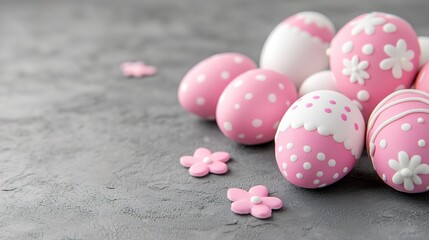 Obraz premium Decorative Pink Easter Eggs with White Patterns and Flowers on Gray