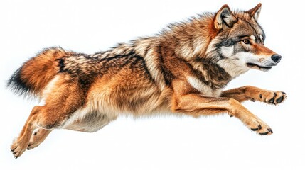 Obraz premium A wolf leaping gracefully in mid-air, showcasing its agility and strength.