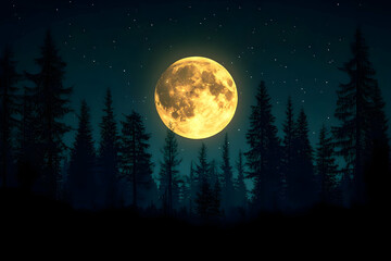 Fototapeta premium Full moon rising over a dark forest at night.