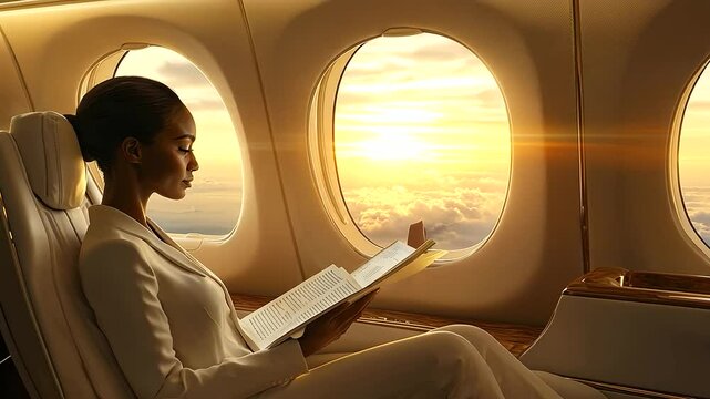 African American Businesswoman in Luxury Private Jet Cabin