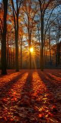 Obraz premium Autumn sunset in forest with trees casting long shadows on red leaves.