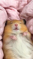 A cute hamster sleeping peacefully among soft pink fabric.