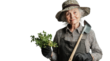 An Old Woman Dressed as a Gardener Working in Her Vibrant Garden with a Trowel, Perfect for Illustrating Themes of Nature, Aging, and Gardening Enthusiasm.