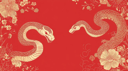 Obraz premium Serpentine Elegance: Gold Snakes on Red Floral Background 