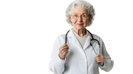 An Old Woman in a Doctor's Lab Coat Representing Medical Expertise and Compassion in Healthcare Settings.