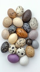 Obraz premium A collection of various bird eggs displayed on a white background.