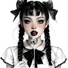 donna asiatica dai capelli neri, labbra rosse, fiocco rosso tra i capelli e treccine e leccalecca, Asian woman with black hair, red lips, red bow in her hair and pigtails and lollipop