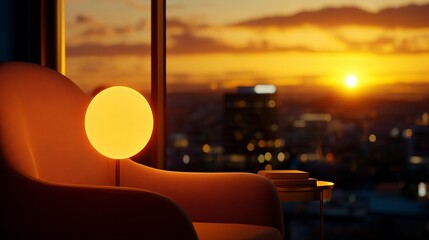 Warm sunset light illuminates a modern chair and a spherical lamp.  A peaceful, cozy scene.