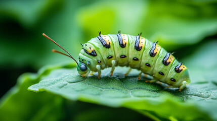Bright green caterpillar exploring a lush green leaf in a vibrant garden setting