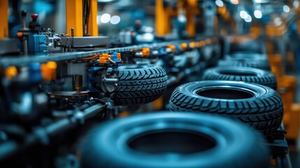 A tire manufacturing line showcasing tires in production.