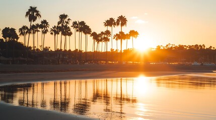 Golden Sunset Beachscape Palm Trees Reflecting In Water