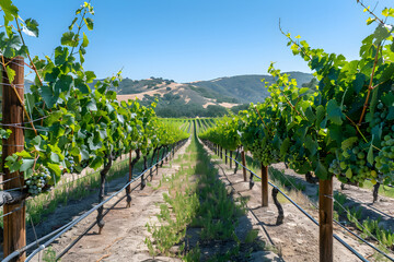 Naklejka premium Bountiful Harvest: Sunlit Grape Vines in a Picturesque Vineyard with Rolling Hills