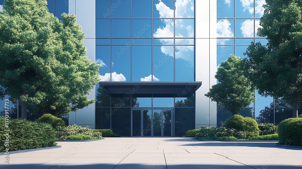 Poster modern glass building entrance with reflections and greenery surrounding for business concept : gene