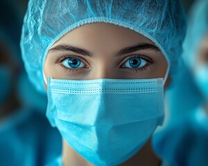 Closeup shot of medical workers in blue suits and masks, working at a factory production line, intense concentration, clean environment, ultradetailed, HD quality