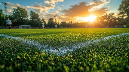 Obraz premium Sunset Soccer Field: Golden Hour on the Pitch