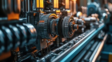 Fototapeta premium A high-performance industrial motor, with rotating gears and pistons working together to generate massive energy in a mechanical system.