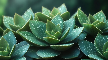 A close-up of succulent plants adorned with water droplets, showcasing their vibrant green hues.