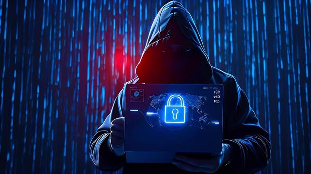 Person holds tablet with padlock amid blue data stream, digital security concept.