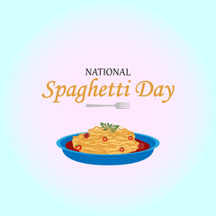 National Spaghetti Day. Spaghetti, plate and fork. Postcard, banner, poster, vector.