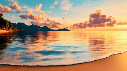 A vibrant 3D render of a tranquil beach during sunrise, featuring glowing skies, calm waves, and peaceful coastal scenery.