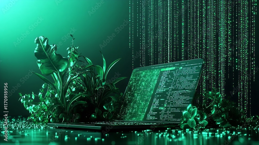 Poster Laptop With Green Digital Code Surrounded by Virtual Botanical Elements : Generative AI