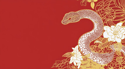 Obraz premium Golden Serpent and Blossoms: A graceful golden snake entwined with delicate white blossoms against a vibrant red backdrop, evoking a sense of elegance, mystique, and the beauty of Asian art. 