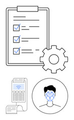Checklist with checkmarks, gear symbol, payment terminal, facial recognition outline. Ideal for technology, automation, security, finance, task management authentication abstract line flat metaphor