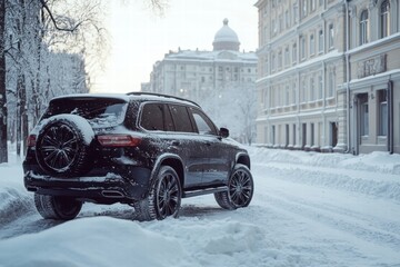 A black SUV is parked on a snowy street in front of a large building