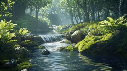 Tranquil Forest Stream Surrounded by Lush Greenery and Rocks