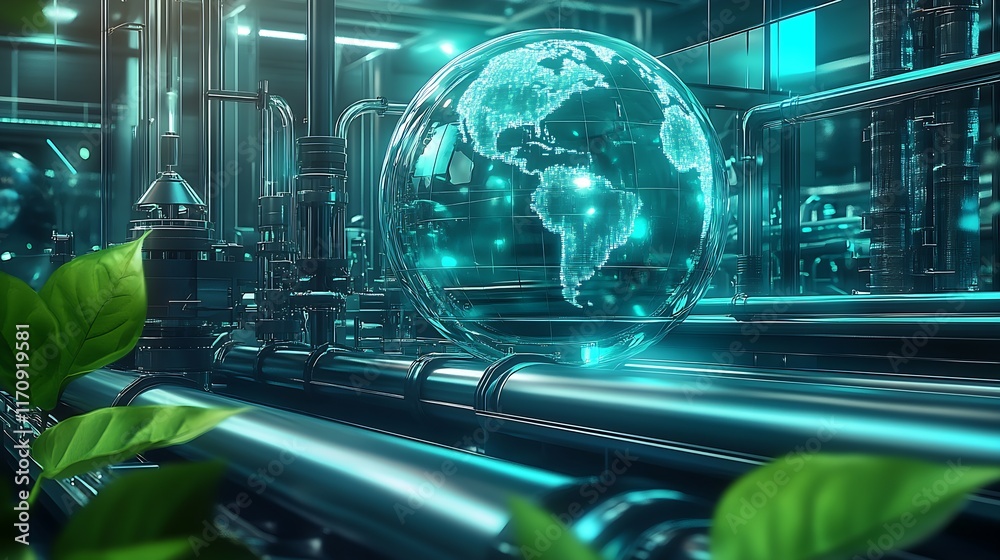 Poster sustainable industrial environment with digital globe and greenery : generative ai