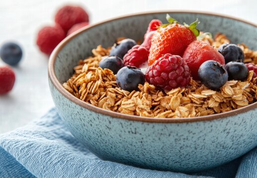 A bowl of cereal with blueberries, raspberries, and strawberries