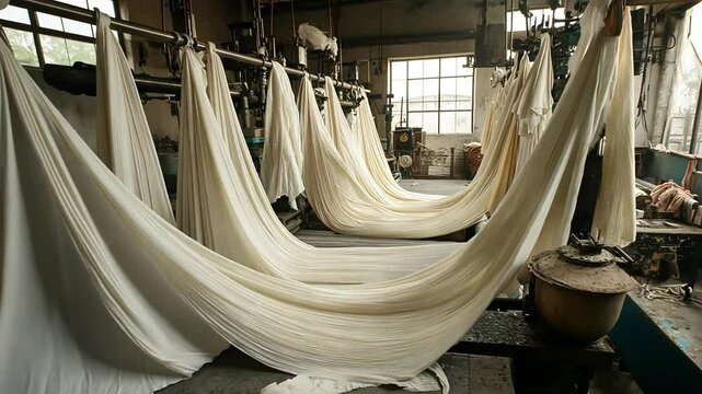 Fabric draped over industrial machinery in a textile factory.