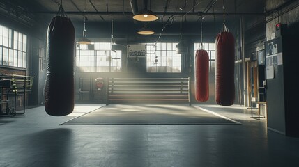 A boxing ring with two red bags hanging from the ceiling