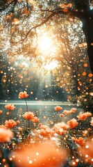 A serene landscape featuring blooming flowers and sunlight filtering through trees by a tranquil water body.