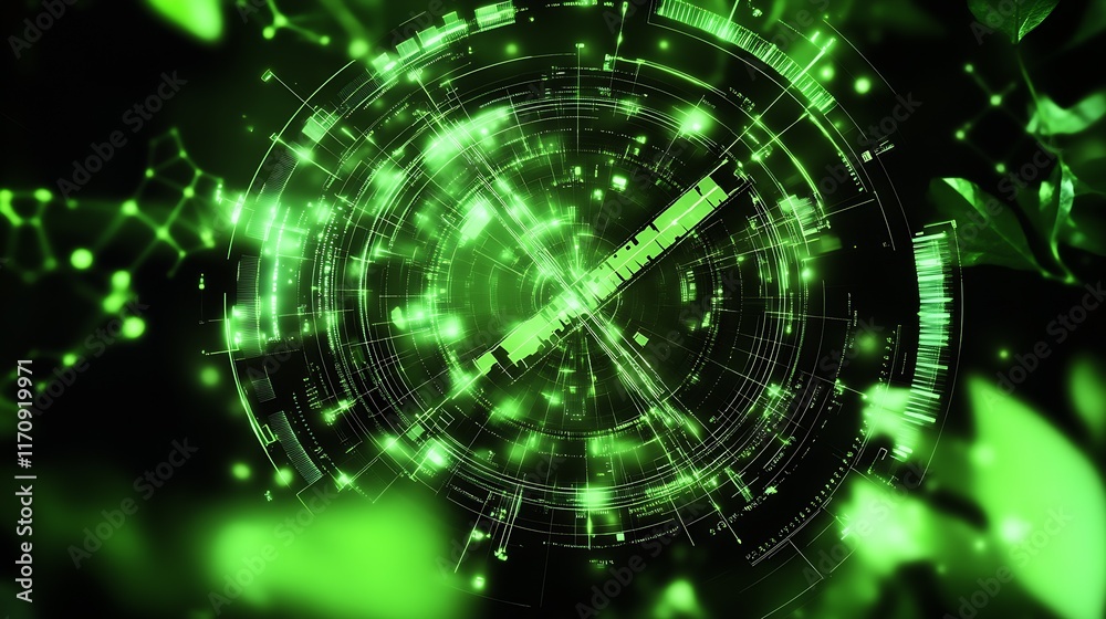 Poster Futuristic Green Digital Interface with Sci-Fi Graphic Visuals and Circular Motion Elements : Generative AI