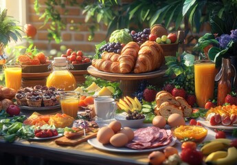 A table is covered with a variety of food, including fruits, vegetables