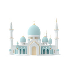 A beautifully designed mosque featuring intricate architecture, domes, and minarets in soft blue and white tones.