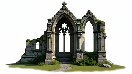 Fototapeta premium Gothic chapel ruins; stone walls, arched windows, overgrown vegetation. White background. Serene, aged, historical atmosphere. No people.