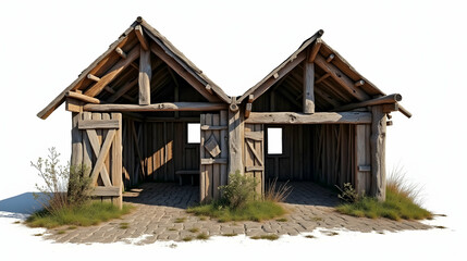 Obraz premium Ancient Wooden Hut: Rustic charm, weathered wood, cobblestone path, and wild grasses. A glimpse into the past.
