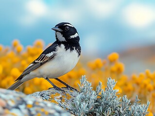 Lark Bunting Calamospiza melanocorys black white bird perched on a prairie shrub under a vast cloudy blue sky