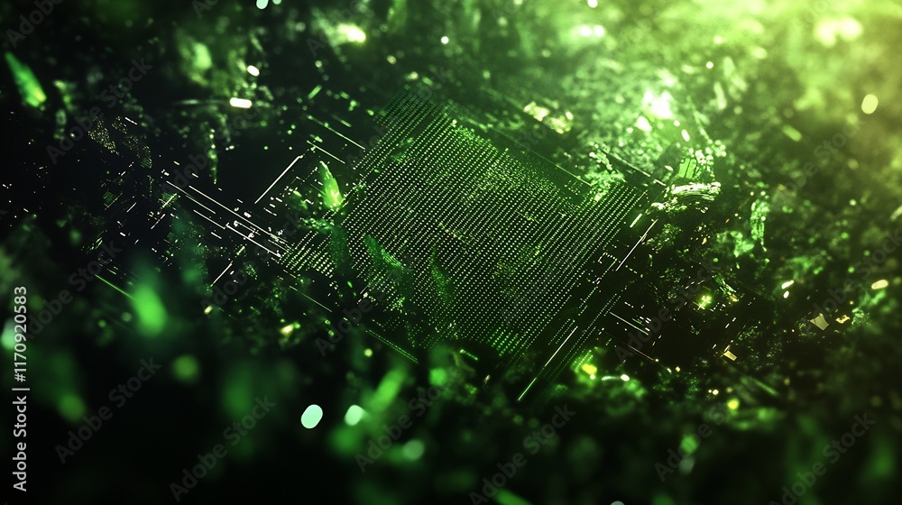 Aufkleber Futuristic Chip Technology Embedded in Green Crystal Abstract Microchip Art : Generative AI