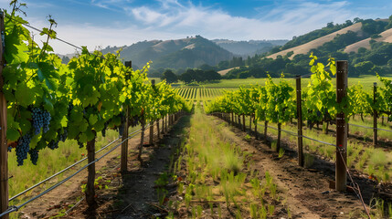 Bountiful Harvest: Sunlit Grape Vines in a Picturesque Vineyard with Rolling Hills