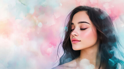 Dreamy Serenity: A woman with long, flowing hair, her eyes closed, embodies tranquility against a backdrop of soft, pastel hues.