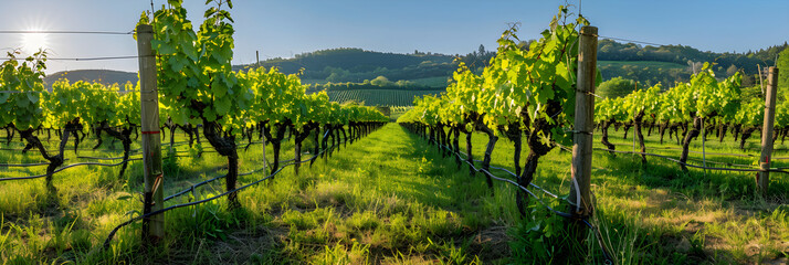 Naklejka premium Bountiful Harvest: Sunlit Grape Vines in a Picturesque Vineyard with Rolling Hills